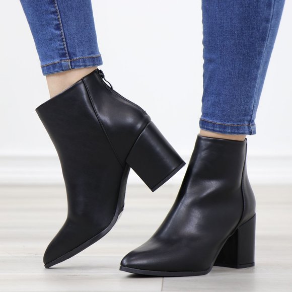 Block Low Heel Above Ankle Boots Pointed Toes Black Synthetic Leather - Picture 11 of 12